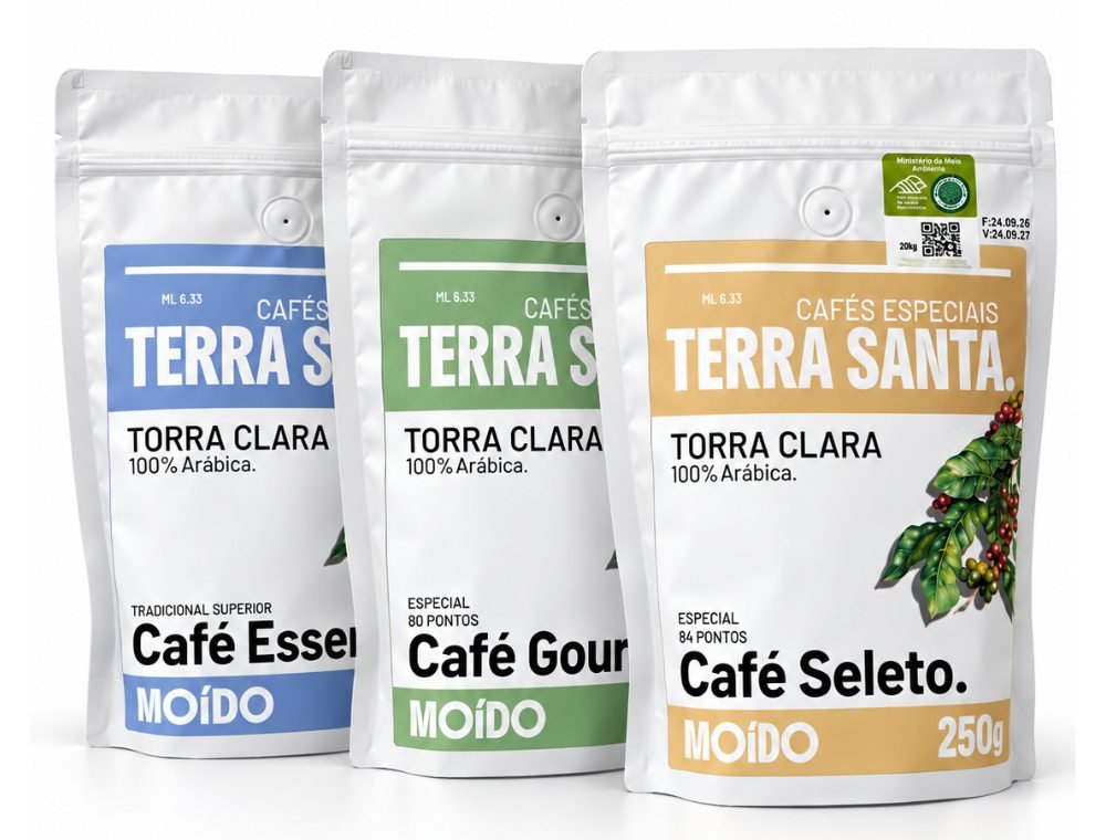 Cafés Terra Santa Essencial, Gourmet e Seleto lado a lado