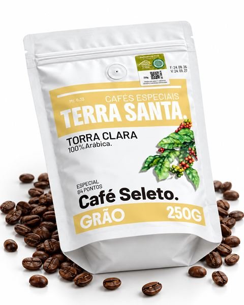 Café Seleto em grão com grãos torrados ao redor